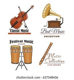 Live music festival vector icons set for musical sound fest or concert labels. Isolated symbols of classic musical instruments fiddle violin or contrabass, flute or pipe, drums and gramophone