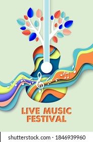 Live music festival vector poster, banner template. Paper cut craft style acoustic guitar, music notes, tree branches. Creative music composition for guitar live concert event.