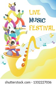 Live Music Festival Vector Promotional Poster Design Template. Big Saxophone With Musicians Playing Musical Instruments And Singing. Jazz Band Concert.