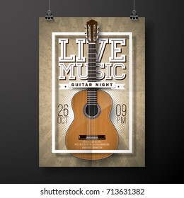 Live Music Flyer Design With Acoustic Guitar On Grunge Background . Vector Illustration.