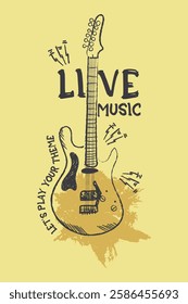 Live music guitar emblem, Illustration banner with acoustic guitar, inscription live music and the words music festival, Vintage guitar for t-shirt design, apparel, poster, banner, card, monochrome