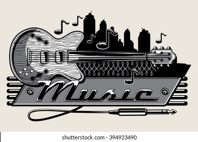 Live music guitar monochrome emblem