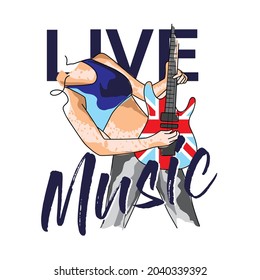 Live Music With Guitar Player Illustration Icon With British Flag On Guitar, Typography Illustration
