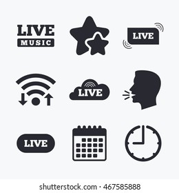 Live music icons. Karaoke or On air stream symbols. Cloud sign. Wifi internet, favorite stars, calendar and clock. Talking head. Vector