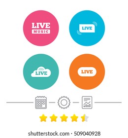 Live music icons. Karaoke or On air stream symbols. Cloud sign. Calendar, cogwheel and report linear icons. Star vote ranking. Vector