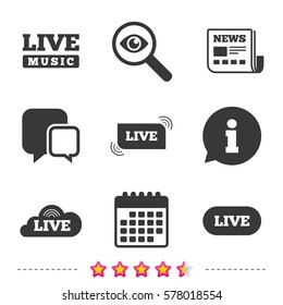 Live music icons. Karaoke or On air stream symbols. Cloud sign. Newspaper, information and calendar icons. Investigate magnifier, chat symbol. Vector