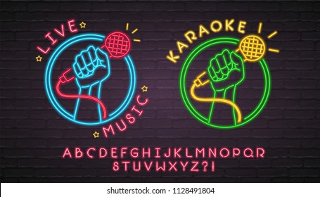 Live Music Karaoke Icon Neon Light Glowing Vector Illustration with Alphabet Red Neon Bright