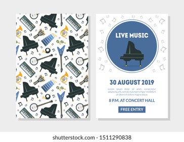 Live Music Landing Page Template with Different Music Instruments Seamless Pattern, Invitation Card, Poster, Leaflet, Flyer Vector Illustration