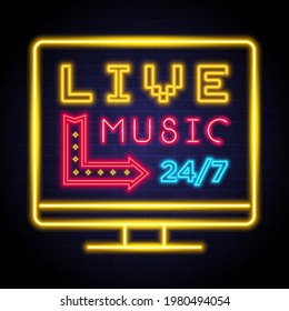 Live Music Lettering Icon on Computer Neon Light Glowing Vector Illustration. Neon Bright Vector Glowing