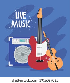 live music lettering with musical instruments vector illustration design