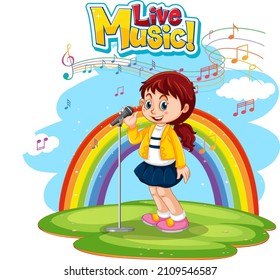 Live music logo with a girl singing on rainbow background illustration