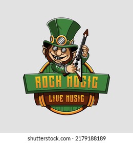 Ilustración del logotipo de Live Music con asistente de guitarra. Logo del personaje mágico de rock.