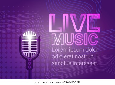 Live Music Microphone Banner Colorful Pop Art Style Modern Musical Concert Poster Flat Vector Illustration