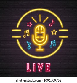 Live Music with Microphone Icon Neon Light Glowing Vector Illustration and Music Element Bright