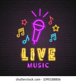 Live Music Microphone Music Note Elements Neon Light Glowing Vector Light Bright with Dark Background