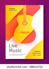 Live music modern poster design template. Acoustic guitar. Vector illustration