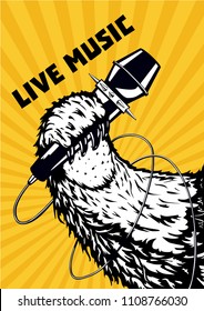 Live music. Musical poster background for hip-hop party. Animal paw with microphone. Tattoo style vector illustration. Rap show.