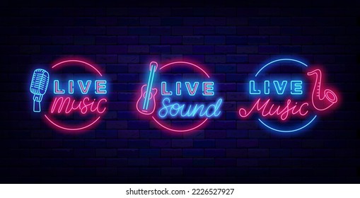 Live music neon label collection. Musical festival signboards. Guitar, saxophone and microphone icon. Live event for cafe, restaurant. Light advertisings set. Night club logotype. Vector illustration