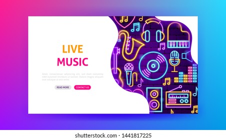 Live Music Neon Landing Page. Vector Illustration of Sound Promotion.