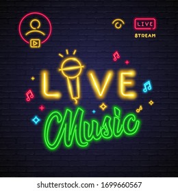 Live Music Neon Light Glowing Vector Illustration. Sign, Symbol Neon Microphone. Live Streaming Social Media