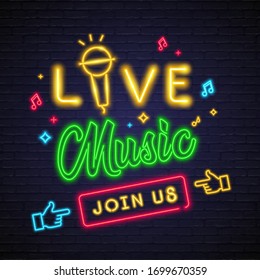 Live Music Neon Light Glowing Vector Illustration. Microphone Symbol Neon Join Us Live Social Media Post