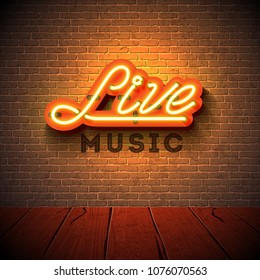 Live Music Neon Sign With 3d Signboard Letter On Brick Wall Background. Design Template For Decoration, Cover, Flyer Or Promotional Party Poster.