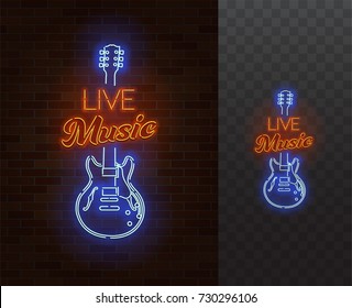 Live Music Neon Sign. Guitar with caption. Realistic vector illustration. Party poster. Transparent background.