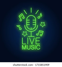 Live music neon sign. Microphone, stars and music notes on brick wall background. Night bright advertisement. Vector illustration in neon style for karaoke bar or concert