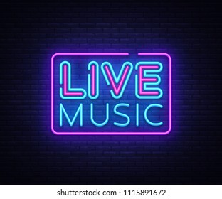 Live Music neon sign vector. Live Music design template neon sign, light banner, neon signboard, nightly bright advertising, light inscription. Vector illustration
