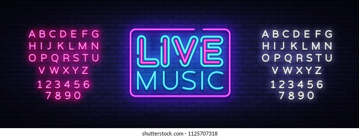 Live Music neon sign vector. Live Music design template neon sign, light banner, neon signboard, nightly bright advertising, light inscription. Vector illustration. Editing text neon sign