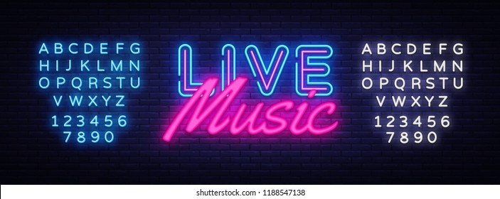 Live Music neon sign vector. Live Music Design template neon sign, light banner, neon signboard, nightly bright advertising, light inscription. Vector illustration. Editing text neon sign