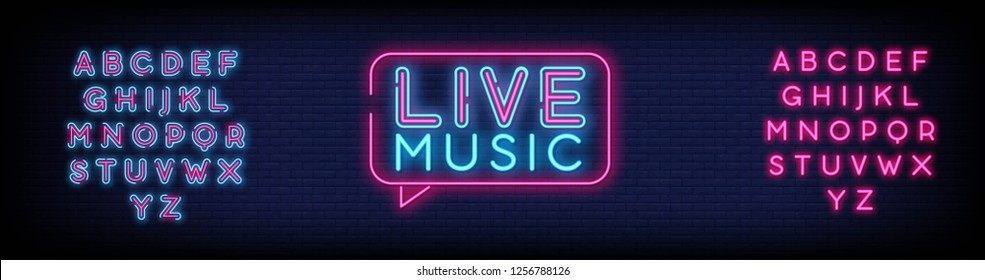 Live Music neon sign vector with Brick Wall Background. light banner  neon signboard  nightly bright advertising  light inscription. Vector illustration. Editing Text neon sign