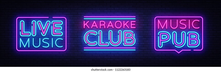 Live Music neon signs collection vector. Karaoke Club design template neon sign, light banner, neon signboard, nightly bright advertising, light inscription. Vector illustration