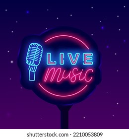 Live music neon street billboard. Luminous advertising. Music concert. Microphone icon with circle frame. Night club party badge. Light signboard. Glowing effect banner. Vector stock illustration