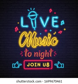 Live Music To Night Neon Light Glowing Vector Illustration. Microphone Symbol Neon Join Us Live Social