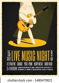 Afiche de la fiesta de la noche de la música en directo con la mano sosteniendo la guitarra eléctrica. Plantilla de folleto de póster para su evento. Ilustración vectorial con estilo vintage.