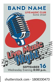 Live Music Night - Vektorplakat in kräftigen Farben. Retro Poster Vektorvorlage mit klassischem Mikrofon. Flaches Style Illustration - Poster Design.