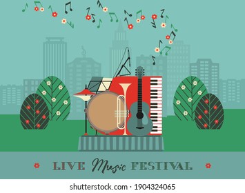 Live Music Outdoor Festival Poster Vector Template. Spring Summer Musical performance background. Musical imstruments in City garden cartoon design element. Live sound entertainment flyer illustration