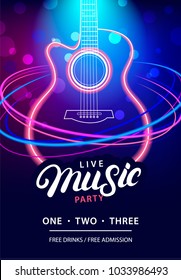 Live Music Party design template with text, neon guitar silhouette and speed movement lights. Use for flyer, banner, poster, invitation. Retro vintage style. Vector illustration.