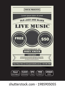 Live music party flyer design, Jazz, Electro events invitation card, Brochure vector template eps. 