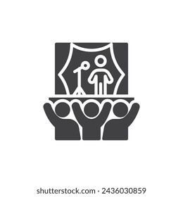 Icono de vector de rendimiento de música en vivo. signo plano relleno para concepto móvil y diseño web. Escenario de conciertos con el artista y el icono de glifo del público. Símbolo, ilustración del logotipo. Gráficos vectoriales