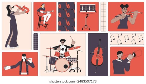 Live music performers bento grid illustration set. Jazz band, rock star drummer 2D vector image collage design graphics collection. Musicians diverse people flat characters moodboard layout