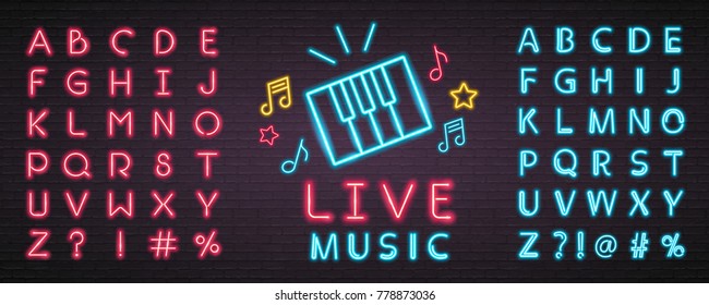 Live Music Piano Symbol Icon and Music Notes Sign Colourful Neon Light Glowing Vector Graphic Bright. Blue and Red Neon Colour Alphabet Set with Dark Background