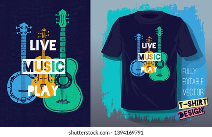 Live music play lettering slogan retro sketch style acoustic guitar, banjo, violin, fiddle for t shirt design print posters kids boys girls. Hand drawn vector illustration.