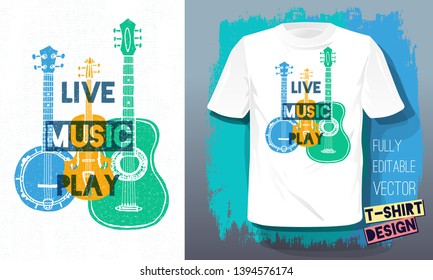 Live music play lettering slogan retro sketch style acoustic guitar, banjo, violin, fiddle for t shirt design print posters kids boys girls. Hand drawn vector illustration.