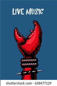 Live music poster with crab claw. Heavy metall. Tattoo style.