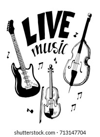 Live music. Poster with electric guitar, violin and cello. Hand drawn vector.