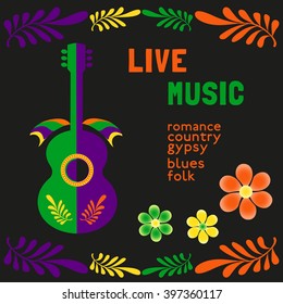 Live Music Poster. Guitar silhouette. Typography poster Template. Design dea for Live Music Festival, music show. Musical Festivals promotion, guitar concert advertisement. Vector illustration.