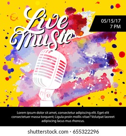 Live music poster with a microphone for concert, party. Vintage retro style. Hand written lettering. Vector illustration.