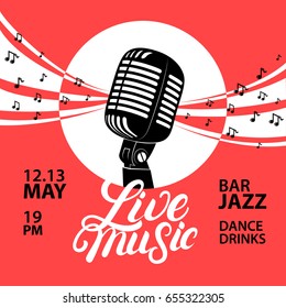 Live music poster with a microphone for concert, party. Vintage retro style. Hand written lettering. Vector illustration.